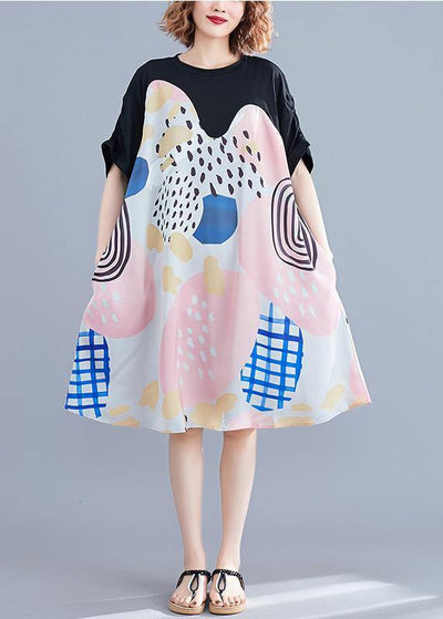 French Print Dress O Neck Short Sleeve Summer Dress - SooLinen