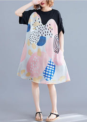 French Print Dress O Neck Short Sleeve Summer Dress - SooLinen