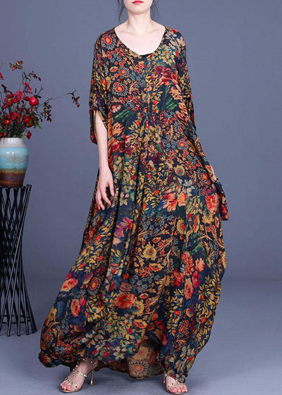 French Print O-Neck long sleeve Silk Dresses Summer - SooLinen