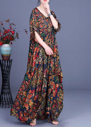 French Print O-Neck long sleeve Silk Dresses Summer - SooLinen