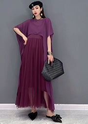French Purple Asymmetrical Design Chiffon Dress And Cloak Two Pieces Set Summer