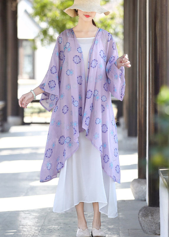 French Purple Asymmetrical Print Cotton UPF 50+ Cardigans Summer