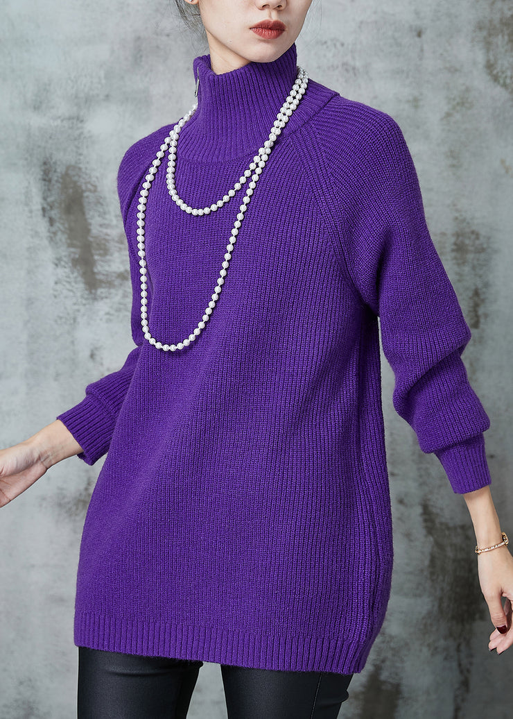 French Purple Asymmetrical Side Open Knit Sweater Spring