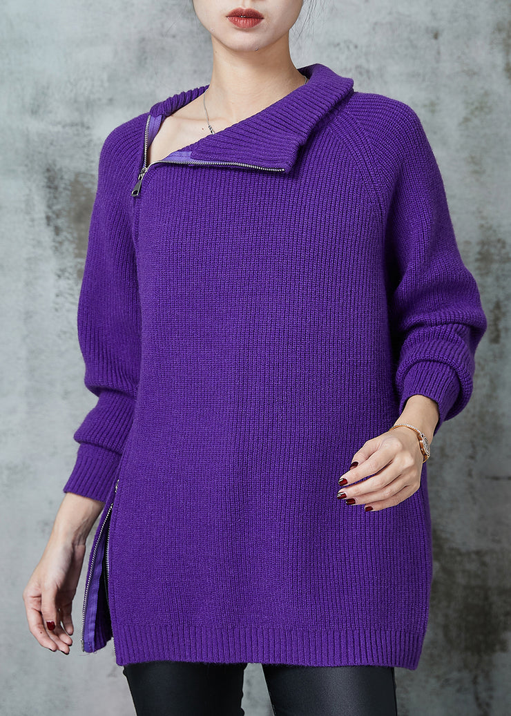 French Purple Asymmetrical Side Open Knit Sweater Spring