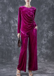 French Purple Asymmetrical Wrinkled Silk Velour Women Sets 2 Pieces Fall