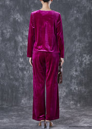 French Purple Asymmetrical Wrinkled Silk Velour Women Sets 2 Pieces Fall