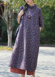 French Purple Button Print Patchwork Cotton Dress Summer
