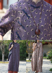 French Purple Button Print Patchwork Cotton Dress Summer
