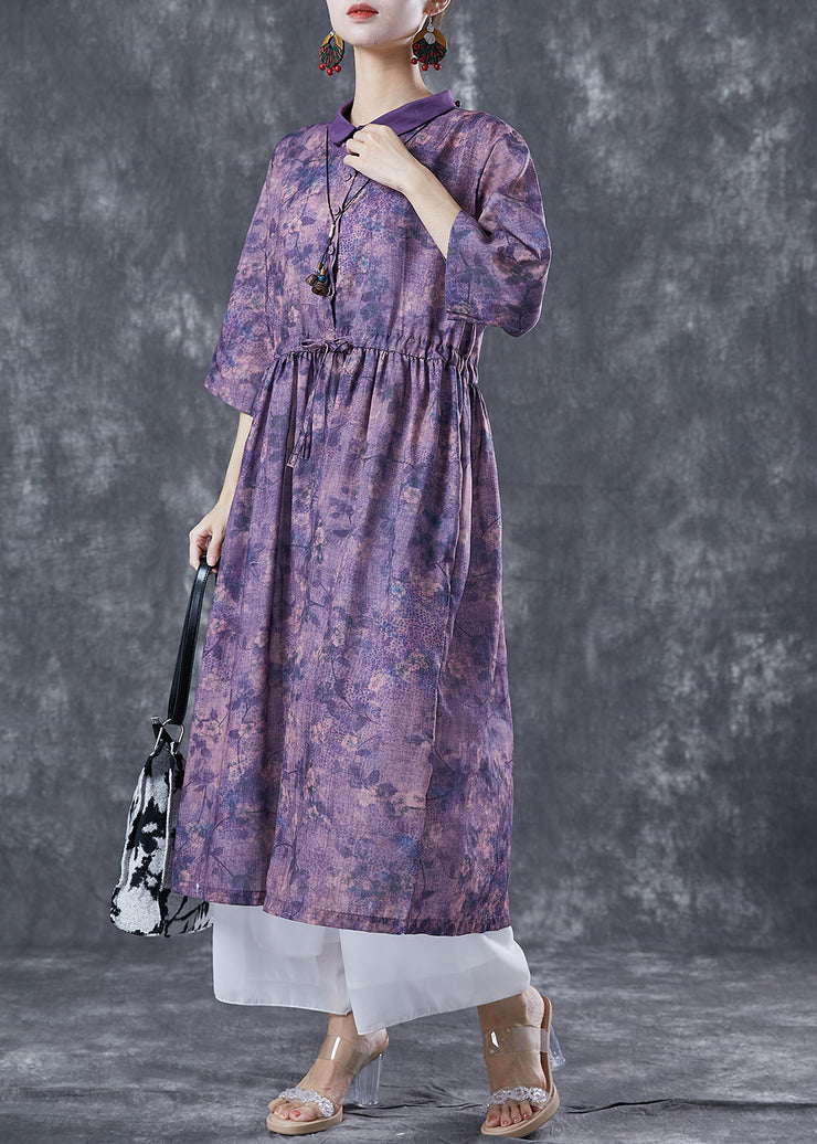 French Purple Cinched Tie Dye Linen Dress Summer