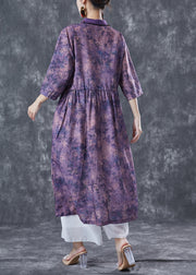 French Purple Cinched Tie Dye Linen Dress Summer