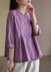 French Purple Embroidered Lace Patchwork Wrinkled Cotton Shirt Tops Bracelet Sleeve
