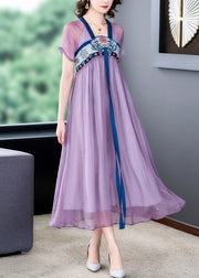 French Purple Embroidered Lace Up Wrinkled Patchwork Chiffon Dress Summer