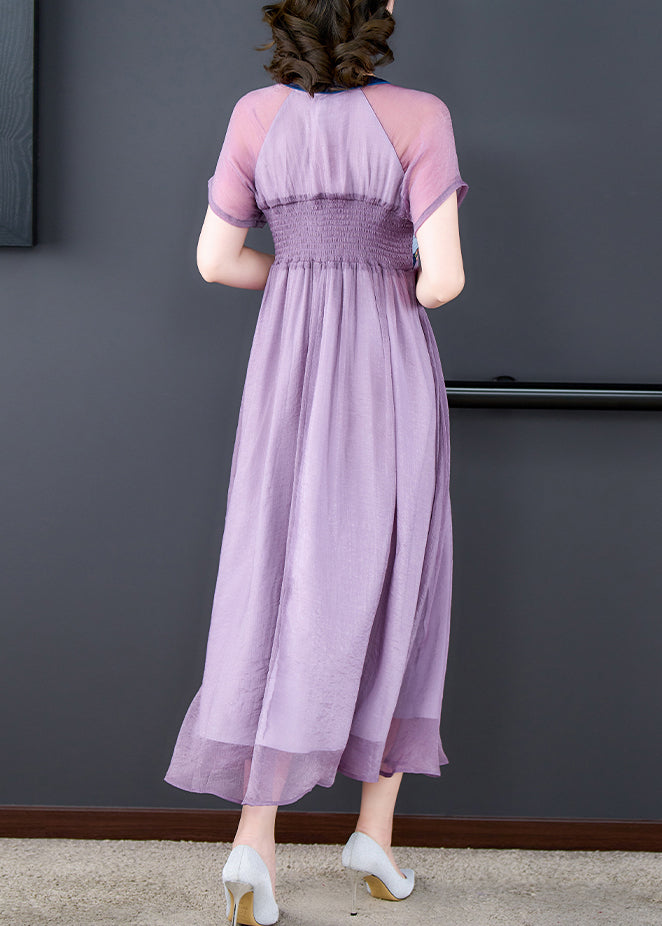 French Purple Embroidered Lace Up Wrinkled Patchwork Chiffon Dress Summer