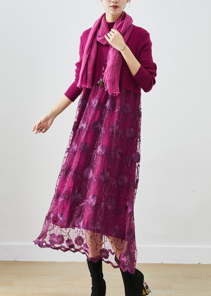 French Purple Embroidered Patchwork Knit Vacation Dresses Fall