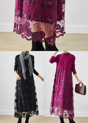 French Purple Embroidered Patchwork Knit Vacation Dresses Fall