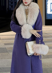 French Purple Fur Collar Tie Waist Thick Cashmere Coat Long Sleeve