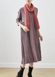 French Purple Grey Jacquard Knit Maxi Pleated Dresses Fall