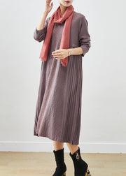 French Purple Grey Jacquard Knit Maxi Pleated Dresses Fall