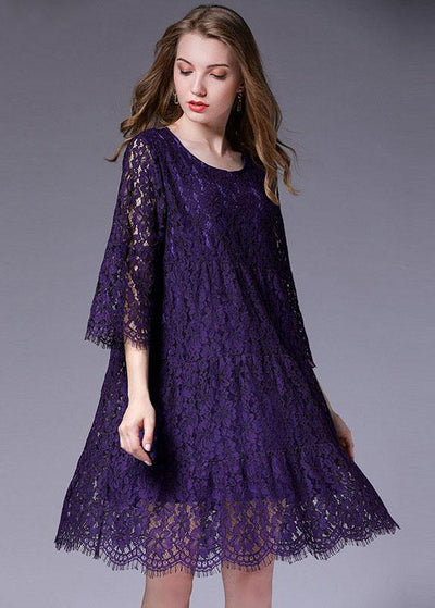French Purple Half Sleeve Casual Spring Floral Vacation Dresses Half Sleeve - SooLinen