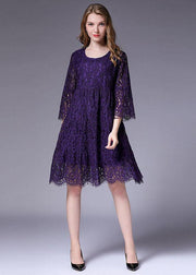 French Purple Half Sleeve Casual Spring Floral Vacation Dresses Half Sleeve - SooLinen