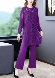 French Purple Hollow Out Side Open Knit Two Pieces Set Summer