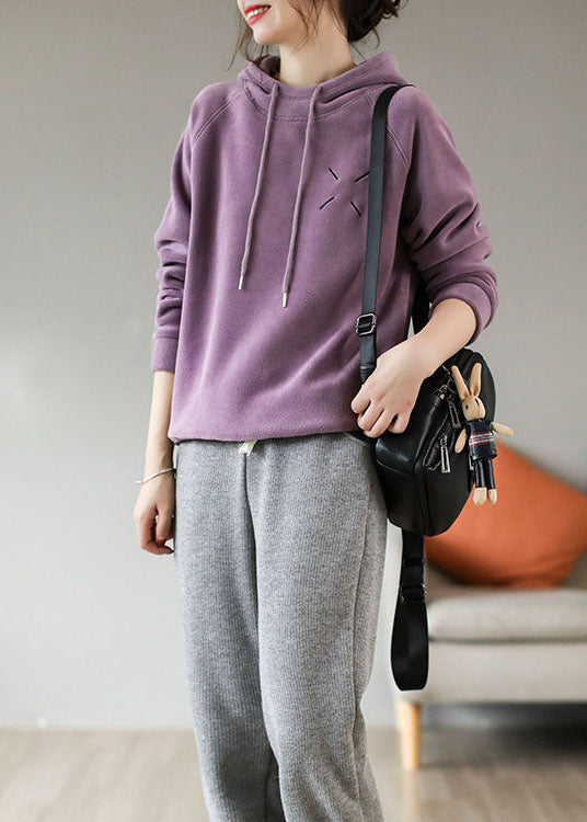 French Purple Hooded Embroidered Fleece Wool Lined Pullover Sweatshirt Spring