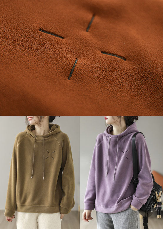 French Purple Hooded Embroidered Fleece Wool Lined Pullover Sweatshirt Spring
