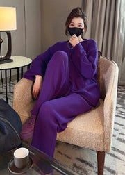 French Purple O Neck Knit Sweaters And Pants Two Pieces Set Fall