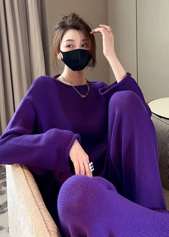 French Purple O Neck Knit Sweaters And Pants Two Pieces Set Fall