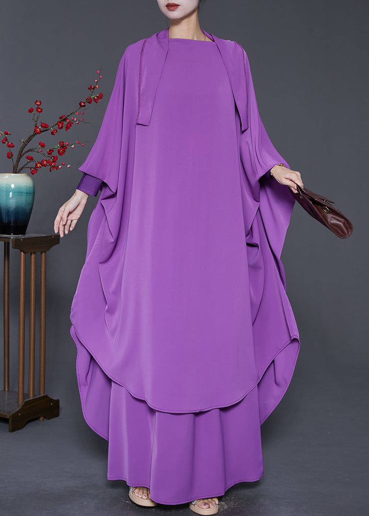 French Purple Oversized Draping Silk Two Piece Set Batwing Sleeve