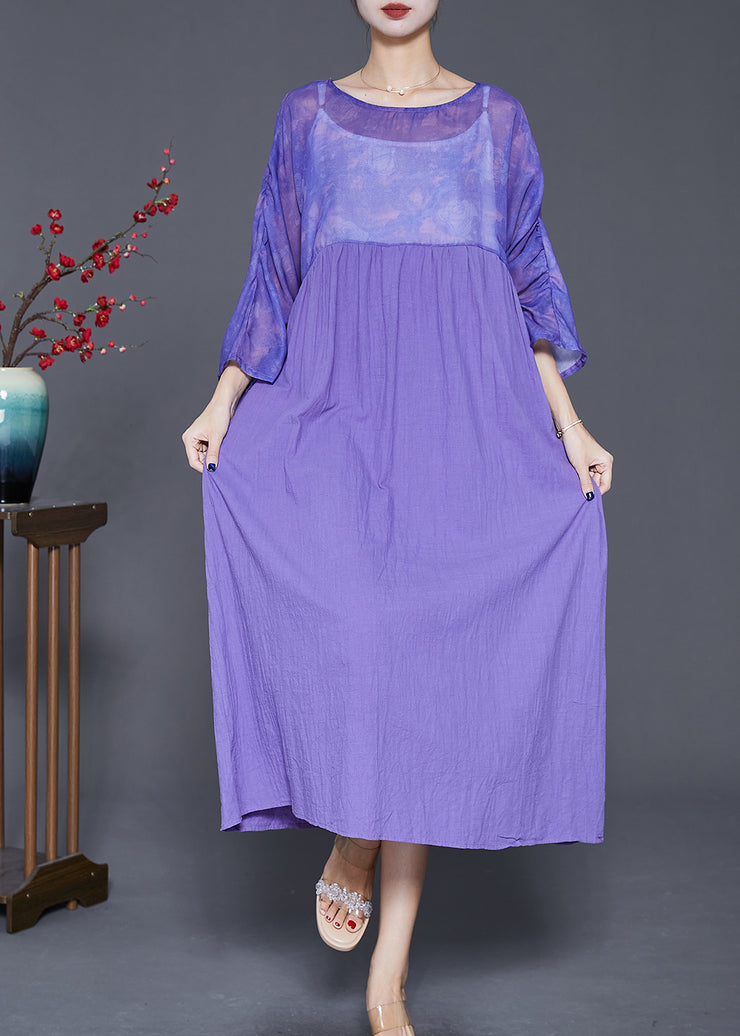 French Purple Oversized Patchwork Linen Long Dress Bracelet Sleeve