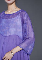 French Purple Oversized Patchwork Linen Long Dress Bracelet Sleeve