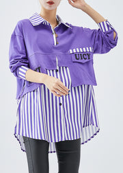 French Purple Oversized Patchwork Striped Cotton Sweatshirt Fall