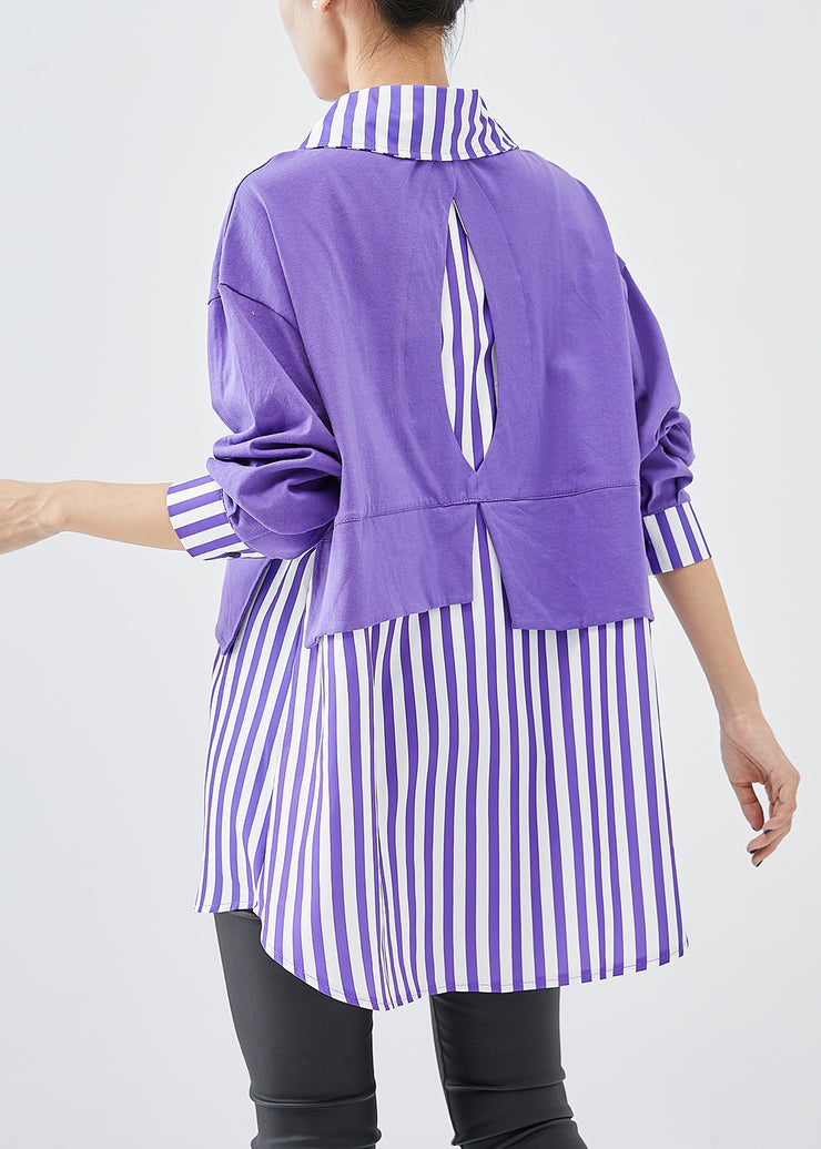 French Purple Oversized Patchwork Striped Cotton Sweatshirt Fall