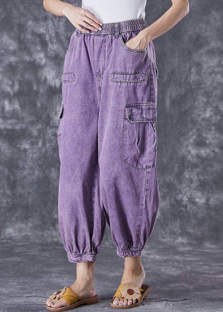 French Purple Oversized Pockets Denim Harem Pants Fall