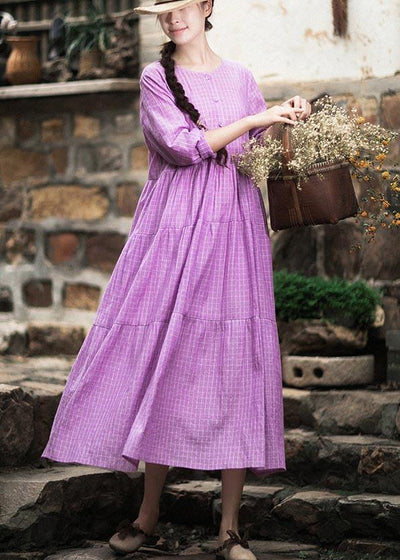 French Purple Plaid Clothes O Neck Patchwork Maxi Spring Dresses - SooLinen