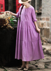 French Purple Plaid Clothes O Neck Patchwork Maxi Spring Dresses - SooLinen