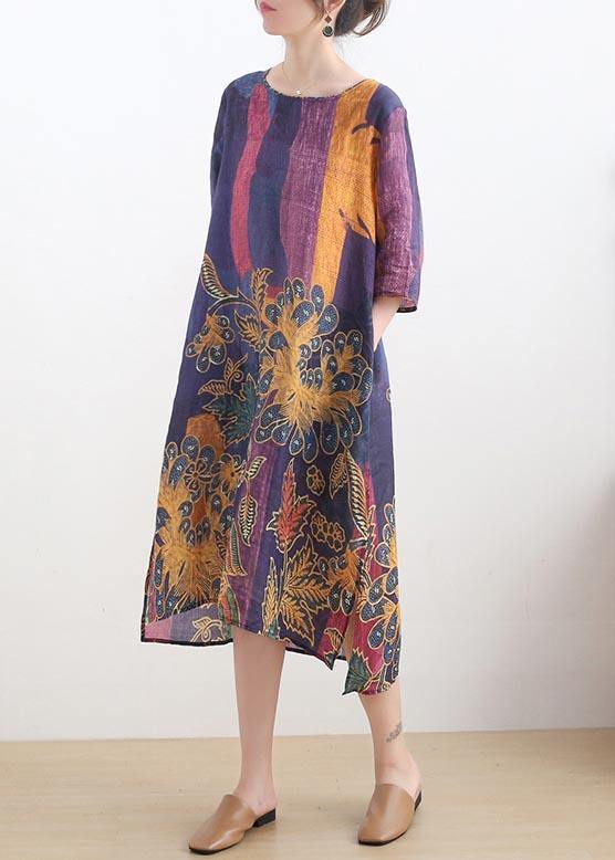 French Purple Print side open Summer Ramie Linen Dress - SooLinen