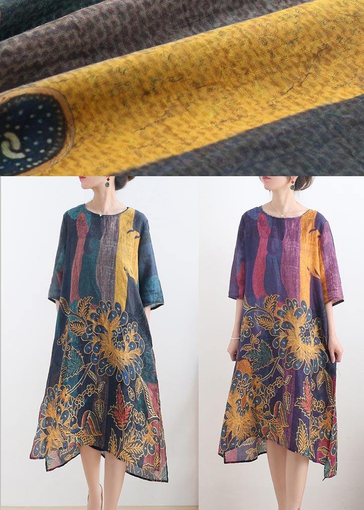 French Purple Print side open Summer Ramie Linen Dress - SooLinen