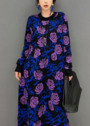 French Purple Rose Print Slim Fit Knit Long Dress Spring