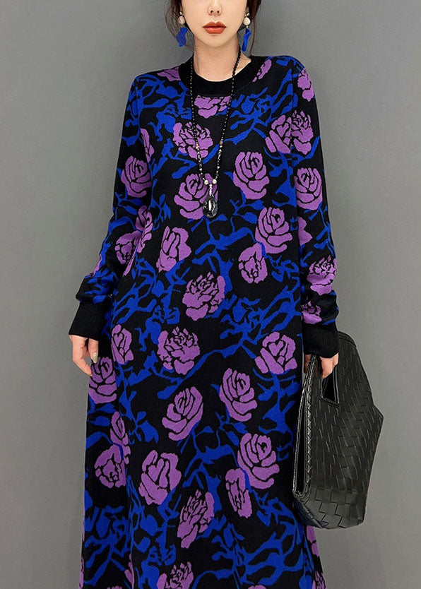 French Purple Rose Print Slim Fit Knit Long Dress Spring