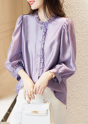 French Purple Ruffled Button Chiffon Shirts Long Sleeve