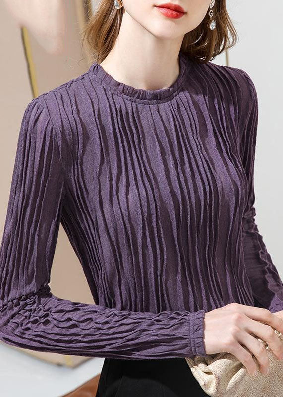 French Purple Ruffled Patchwork Slim Fit Cotton T Shirt Spring