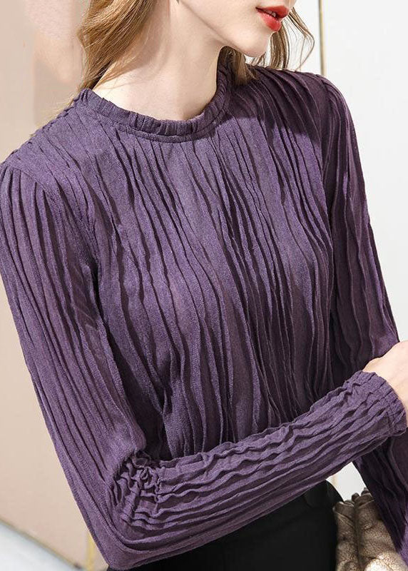 French Purple Ruffled Patchwork Slim Fit Cotton T Shirt Spring