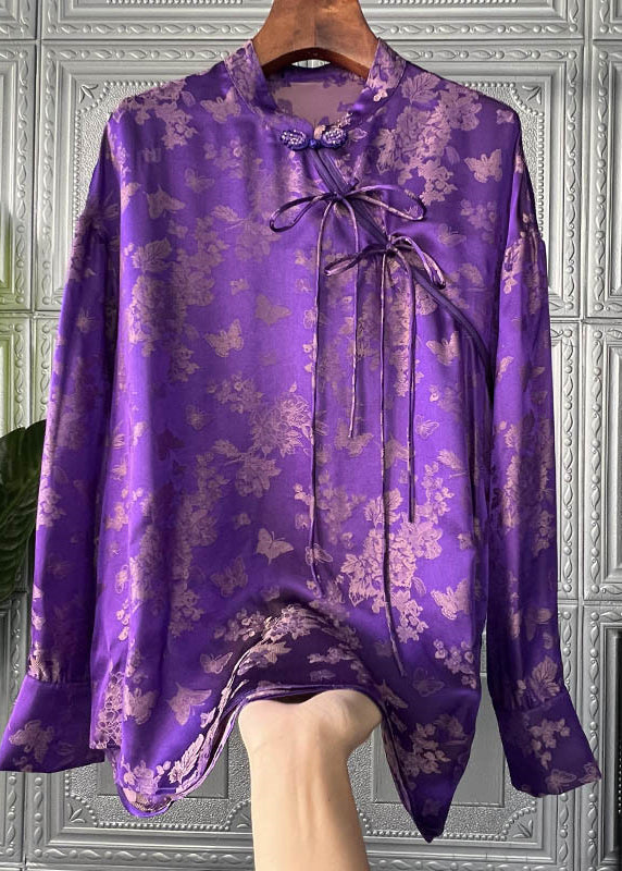 French Purple Stehkragen Print Bow Silk Shirt Tops Langarm