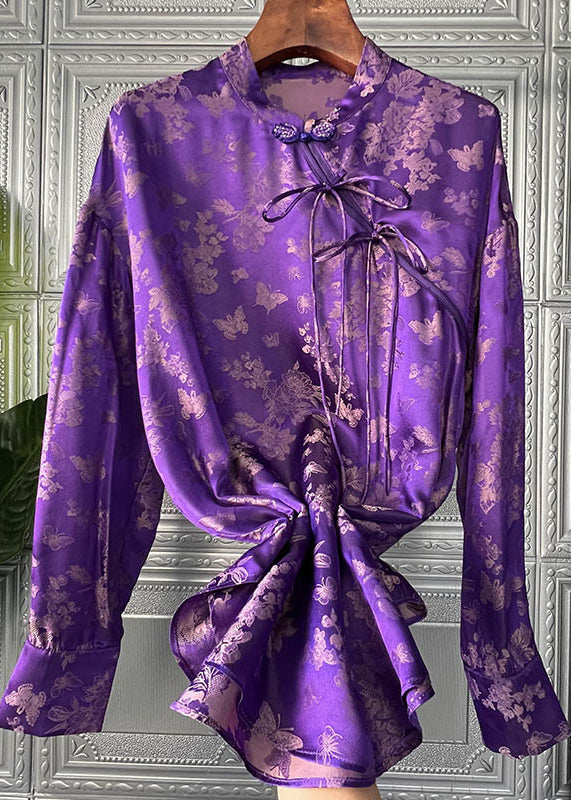 French Purple Stehkragen Print Bow Silk Shirt Tops Langarm