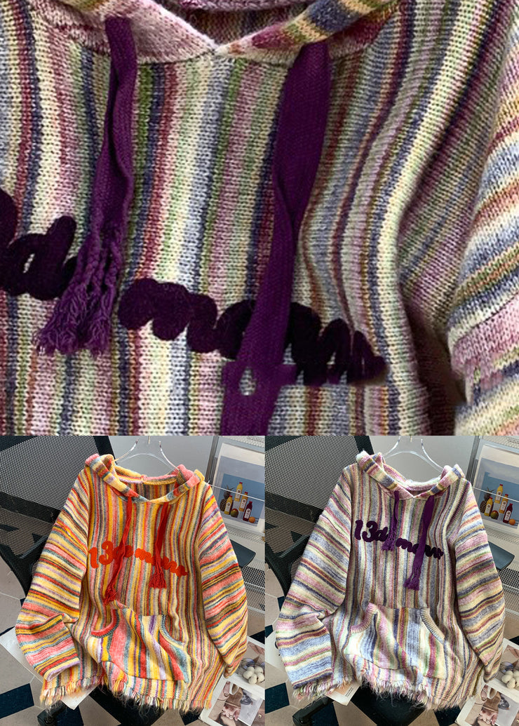 French Purple Striped Pockets Patchwork Cotton Knit Top Fall