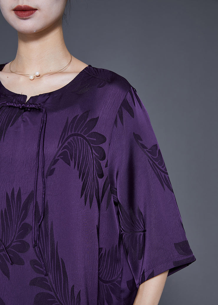 French Purple Tasseled Print Silk Maxi Dresses Summer