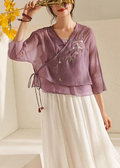 French Purple Tie Waist Embroideried Summer Top - SooLinen
