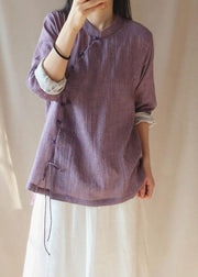French Purple Tops Women Blouses Stand Collar Button Down Clothing Blouse - SooLinen